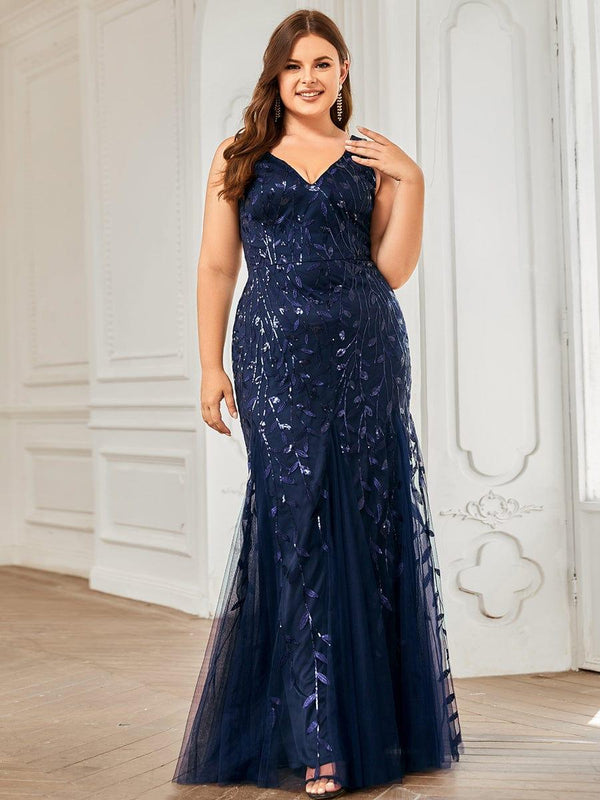 Plus Size V-Neck Fishtail Sequin Evening Dress