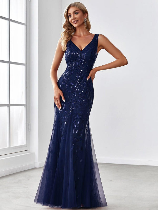 Double V-Neck Fishtail Sequins Wedding Guest Dress