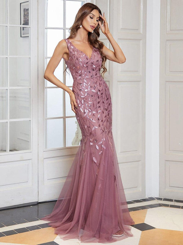 Double V Neck Sequin Mermaid Fishtail Dress