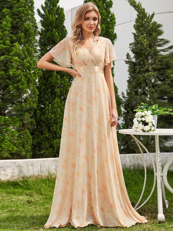 Floral Chiffon High Waist Short Sleeves Bridesmaid Dress (Final Sale)