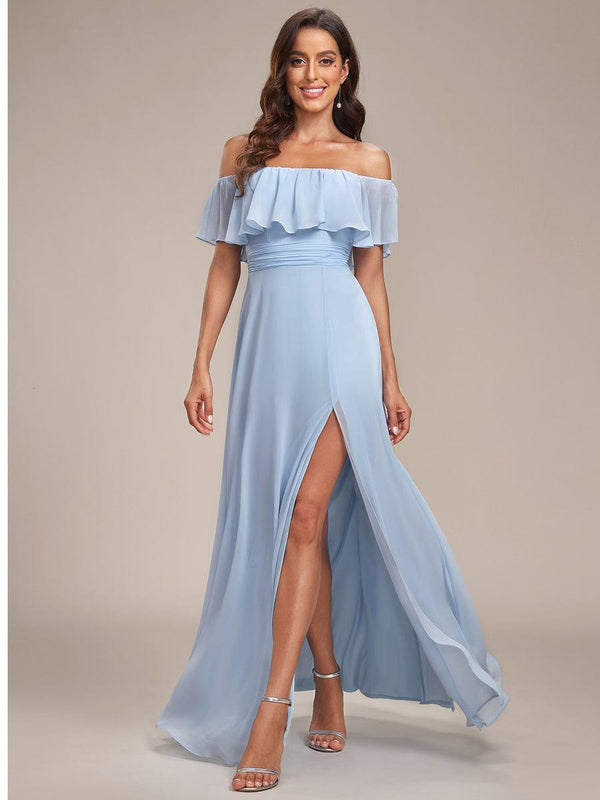 Off-The-Shoulder Ruffle Thigh Split Wedding Guest Dresses