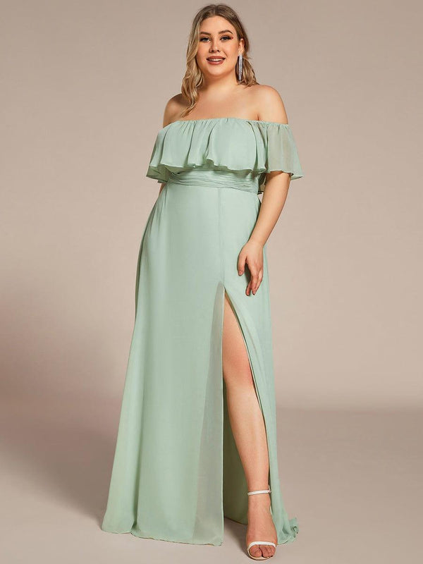 Plus Size Off-The-Shoulder Ruffle Thigh Split Bridesmaid Dress
