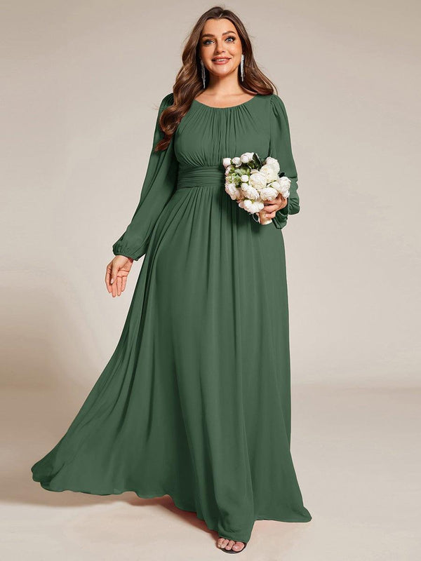 Plus Size Sheer Long Sleeve Pleated Floor Length Bridesmaid Dress