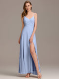 Spaghetti Strap Pleated V-Neck High Slit Evening Dress