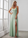 Spaghetti Strap Pleated V-Neck High Slit Bridesmaid Dress