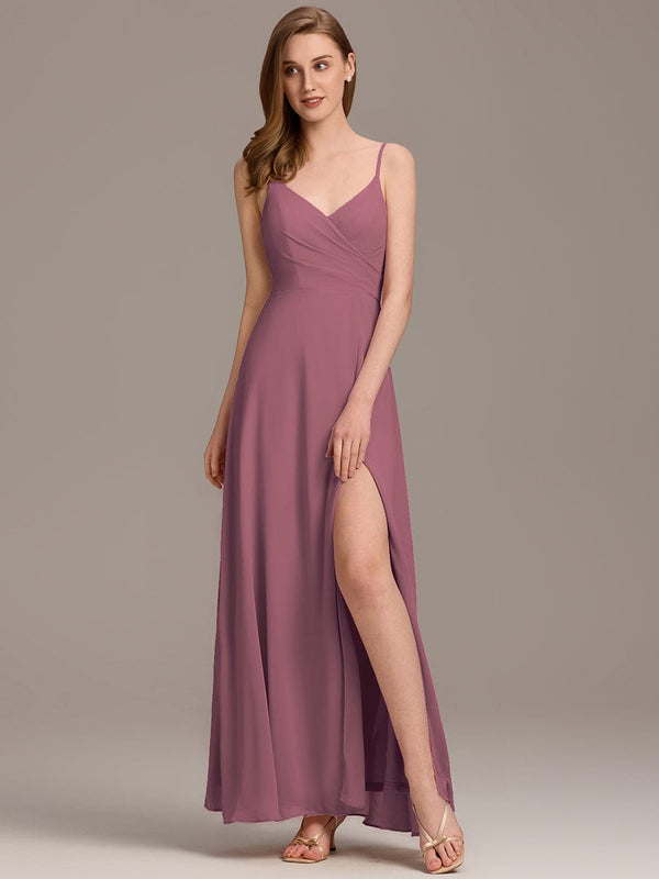Spaghetti Strap Pleated V-Neck High Slit Bridesmaid Dress