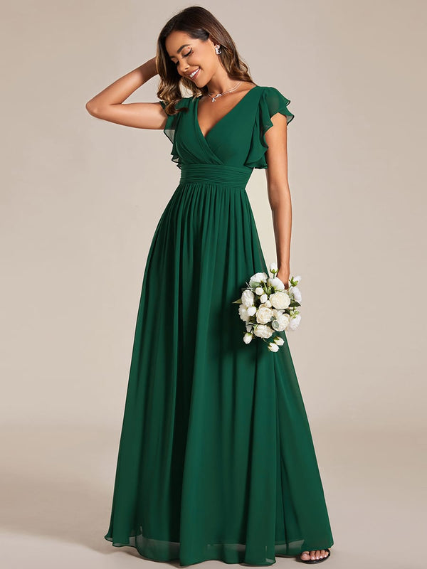 Elegant V-Neck Open Back Chiffon Bridesmaid Dress with Ruffled Sleeves