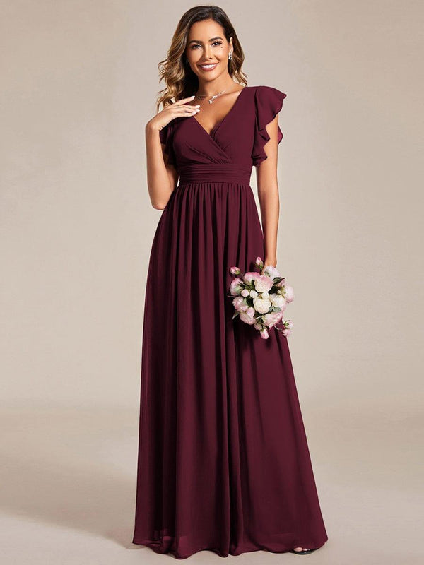 V-Neck Open Back Ruffled Sleeves Chiffon Bridesmaid Dress