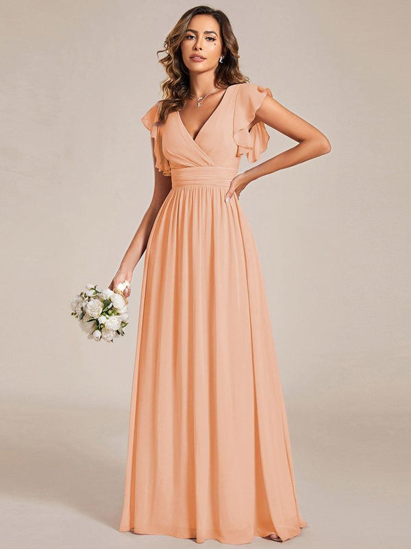 V-Neck Open Back Ruffled Sleeves Chiffon Bridesmaid Dress