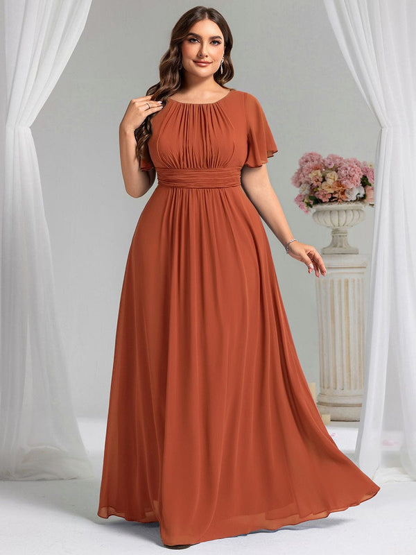 Plus Size Simple Chiffon Pleated A-Line Round Neckline Bridesmaid Dress