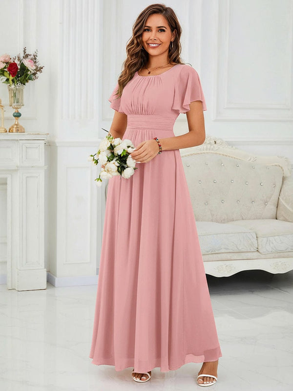Simple Chiffon Pleated A-Line Round Neckline Dress
