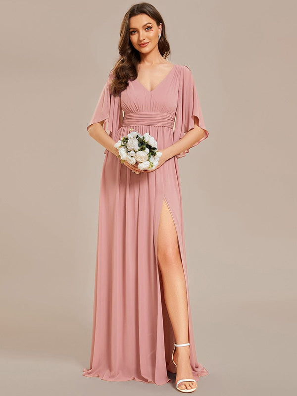 Chiffon A-Line Half Sleeves High Slit Bridesmaid Dress