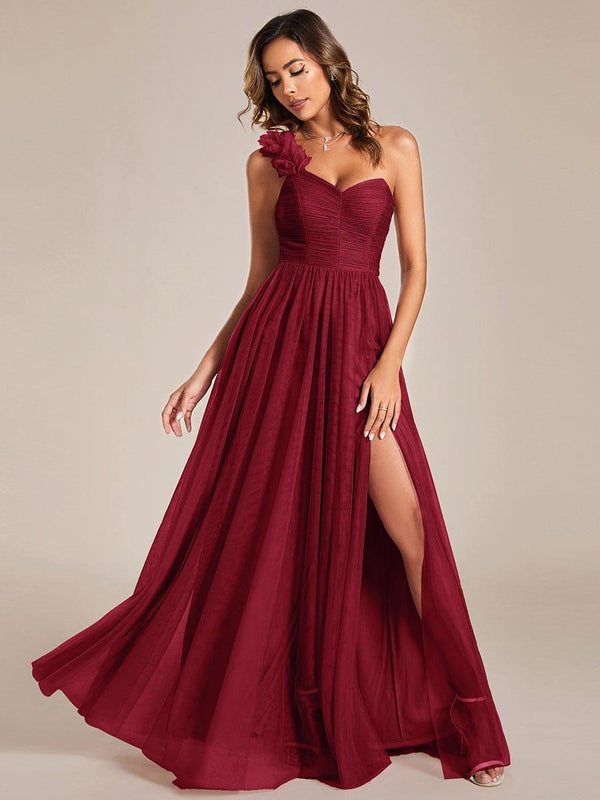 One Shoulder Maxi Tulle High Slit Bridesmaid Dress