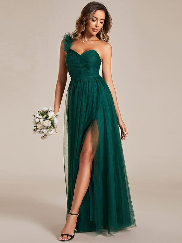 One Shoulder Maxi Tulle High Slit Bridesmaid Dress