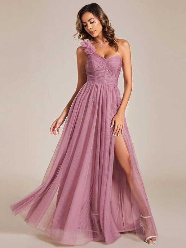 One Shoulder Maxi Tulle High Slit Bridesmaid Dress