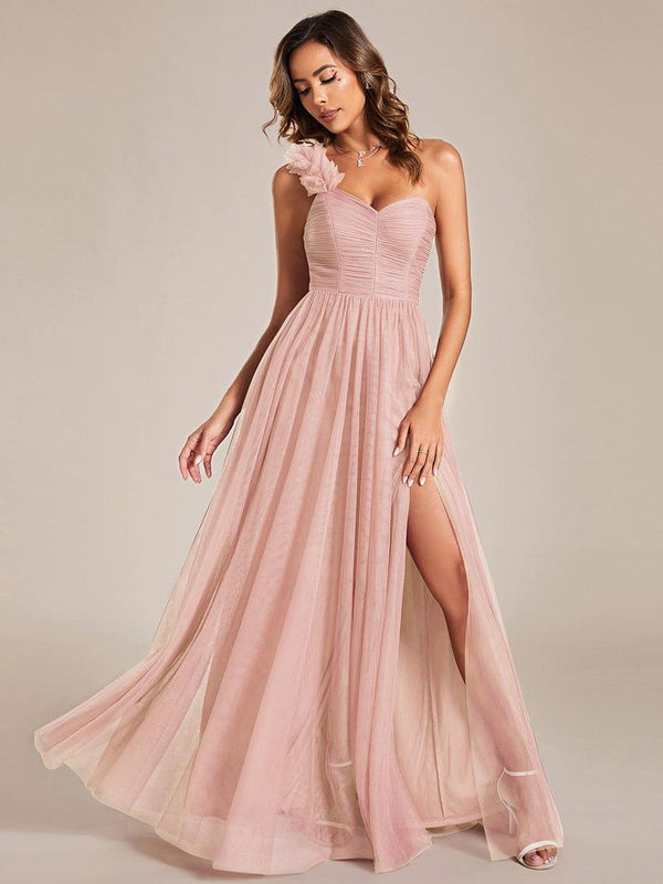 One Shoulder Maxi Tulle High Slit Bridesmaid Dress