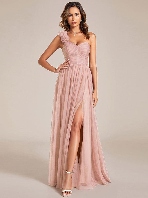 Elegant One Shoulder Maxi Tulle High Slit Dress In Pink