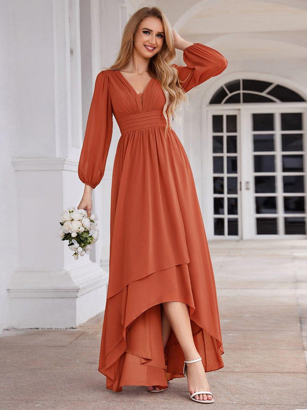 Enchanting Chiffon Lantern Sleeve Pleated High Waist Bridesmaid Dress