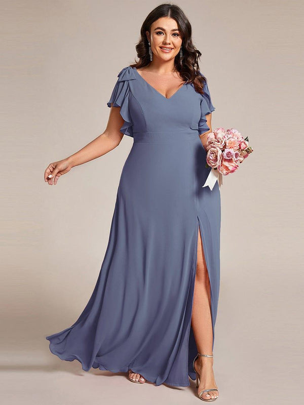 Plus Size Double V-Neck High Split Bridesmaid Dress