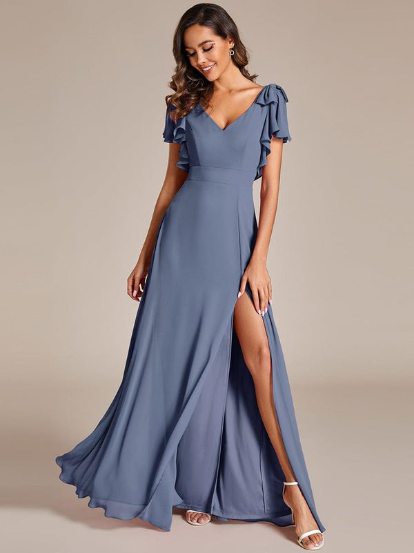 Double V-Neck High Split Dress with Ribbon Bow in Dusty Blue