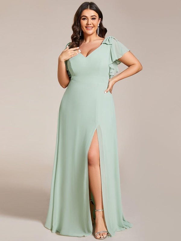 Plus Size Double V-Neck High Split Bridesmaid Dress