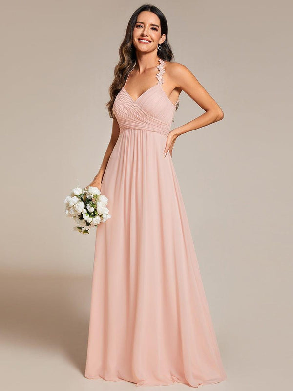 Backless Floral Halter Neck Pleated Bridesmaid Dress