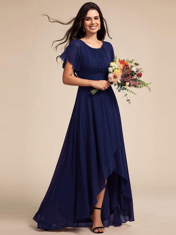 Round Neck Short Sleeve High-Low Chiffon Bridesmaid Dress