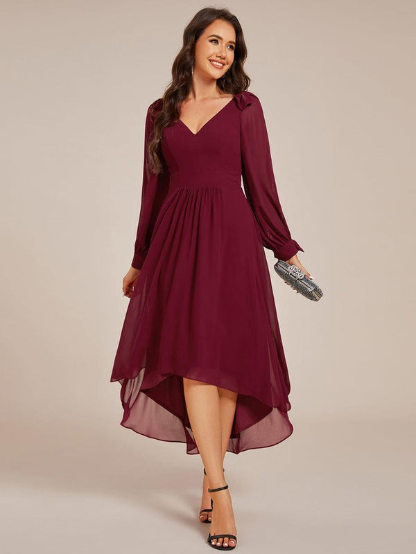 Long Sleeve V-Neck Midi Asymmetrical Hem Chiffon Bridesmaid Dress