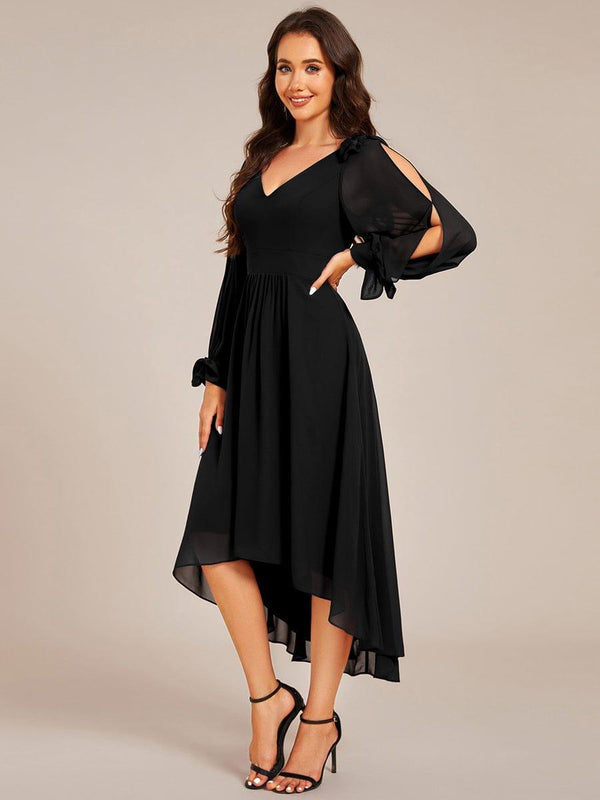 Long Sleeve V-Neck Midi Asymmetrical Hem Chiffon Bridesmaid Dress
