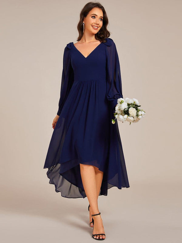 Long Sleeve V-Neck Midi Asymmetrical Hem Chiffon Bridesmaid Dress