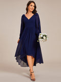 Long Sleeve V-Neck Midi Asymmetrical Hem Chiffon Bridesmaid Dress