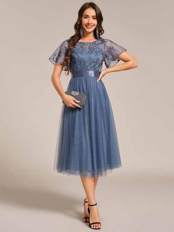 Round Neck Embellished Midi Tulle Wedding Guest Dress