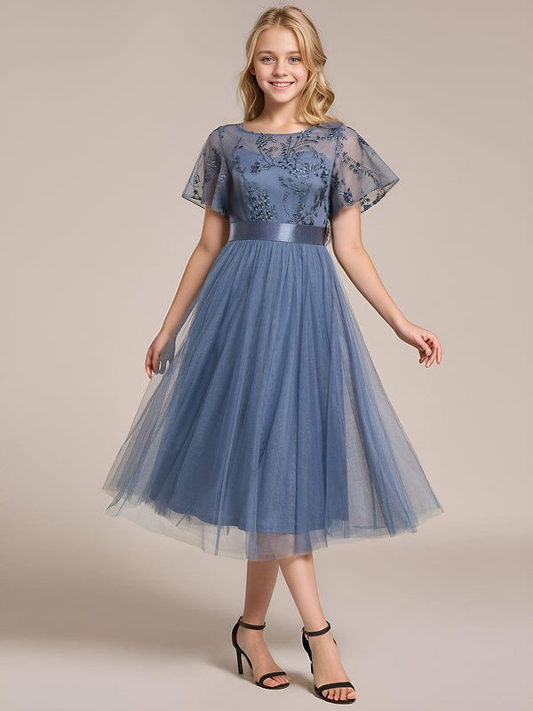 Junior Round Neck Embellished Midi Tulle Bridesmaid Dress