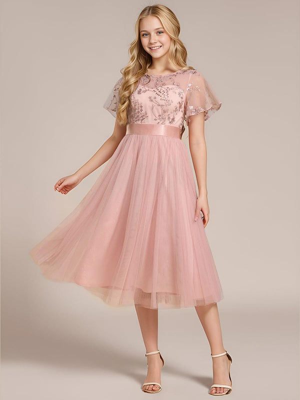 Junior Round Neck Embellished Midi Tulle Bridesmaid Dress