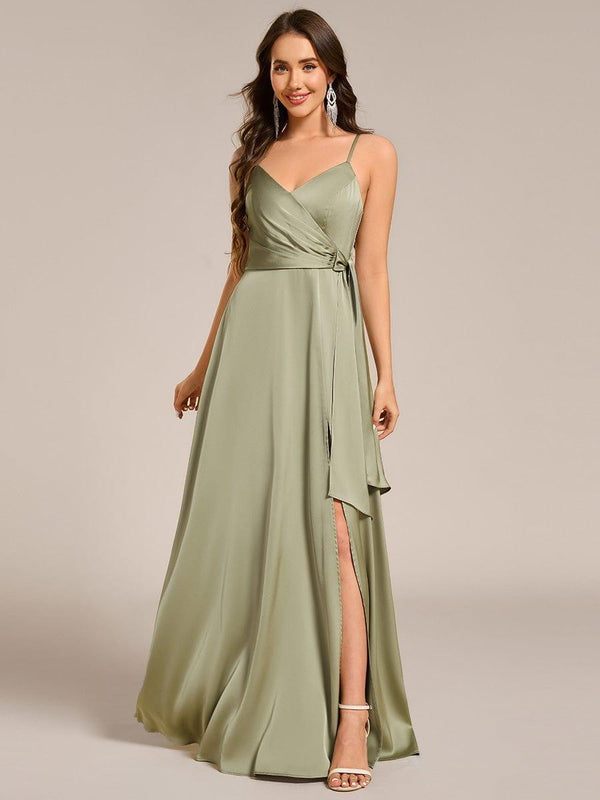 Wrap-Style Maxi Spaghetti Strap Satin Bridesmaid Dress