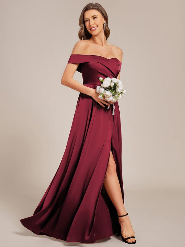 Off Shoulder Ruched Lace-up Back Satin Bridesmaid Dress