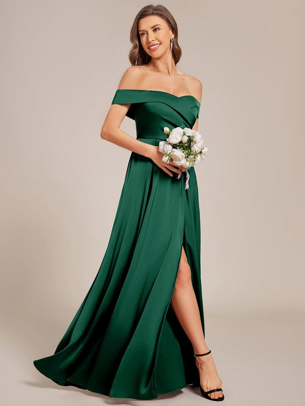 Off Shoulder Ruched Lace-up Back Satin Bridesmaid Dress