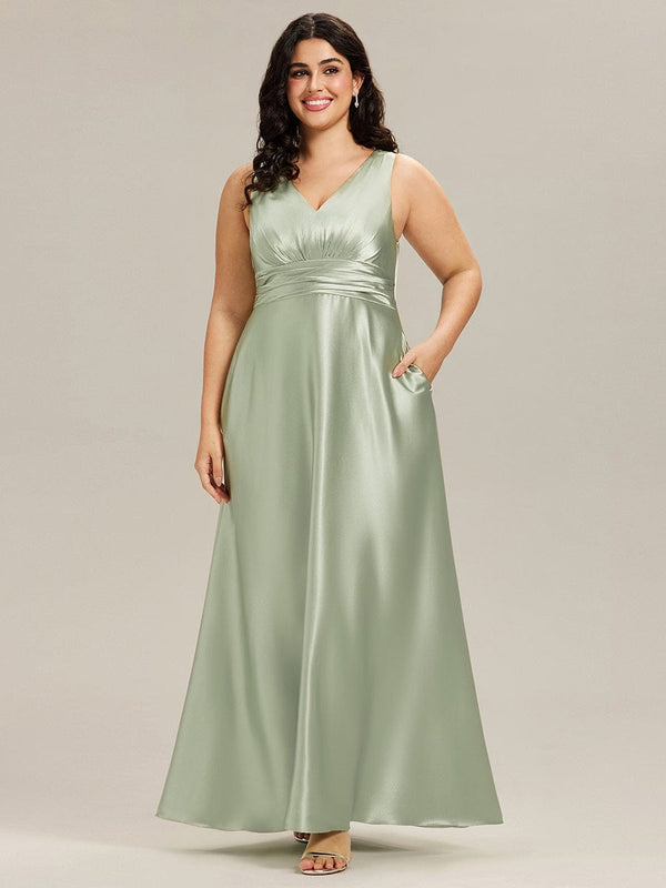 Plus Size Sleeveless Empire Waist Satin Maxi Bridesmaid Dress With Pockets