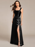 Square Neck Satin Maxi Dress with Slit in Black