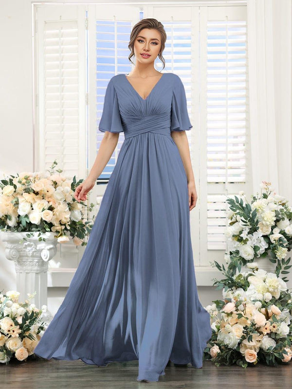 V-neck Lace-up Back Chiffon Maxi Bridesmaid Dress