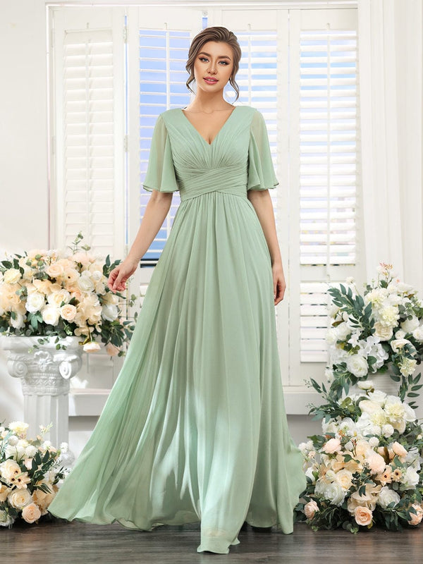 V-neck Lace-up Back Chiffon Maxi Bridesmaid Dress