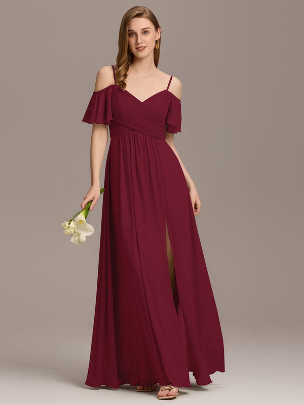 Off-Shoulder Pleated High Split Bridesmaid Dress