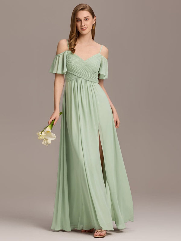 Off-Shoulder Pleated High Split Bridesmaid Dress