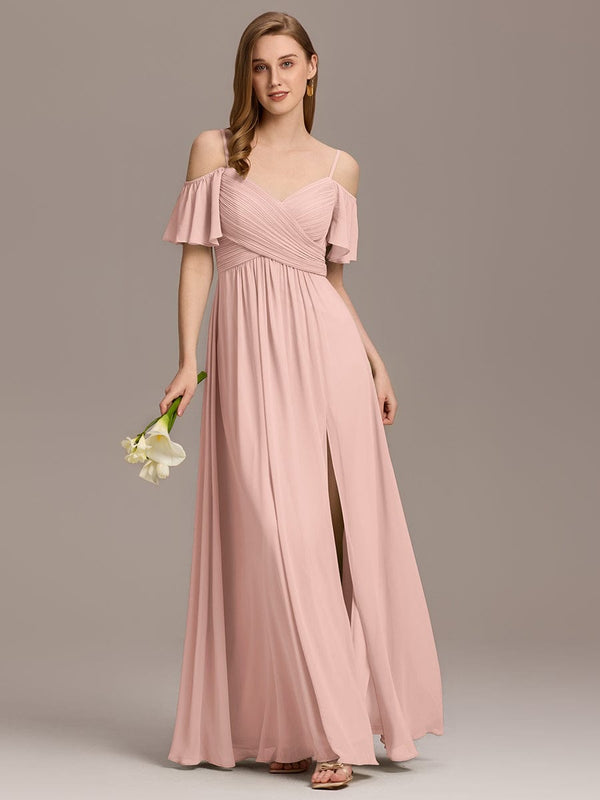Off-Shoulder Pleated High Split Bridesmaid Dress
