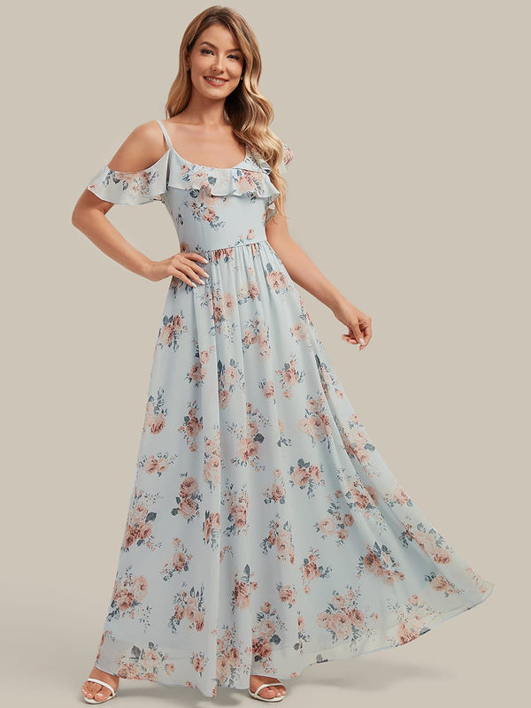 Floor-Length Asymmetrical Ruffle Sleeve Chiffon Dress