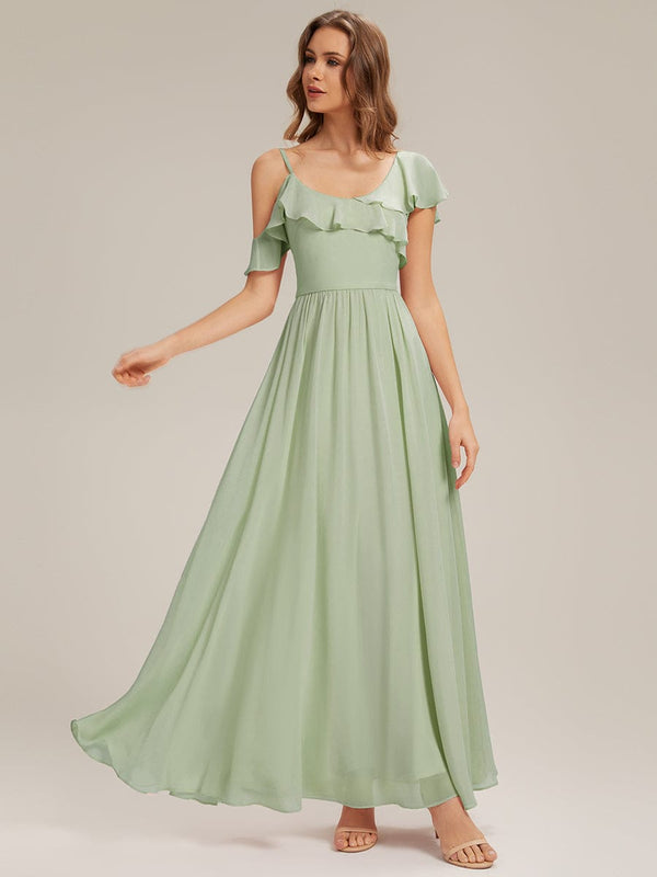 Floor-Length Asymmetrical Ruffle Sleeve Chiffon Dress