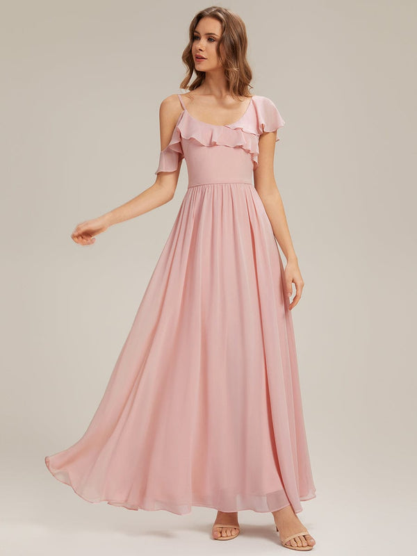 Floor-Length Asymmetrical Ruffle Sleeve Chiffon Dress