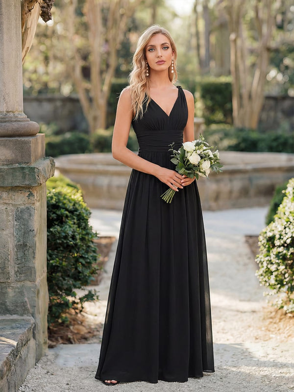 V Neck Sleeveless Pleated Chiffon Evening Dress