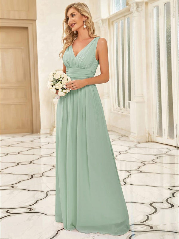 Elegant V Neck A Line Chiffon Maxi Bridesmaid Dresses (Final Sale)