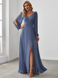 Gentle Split Sleeve Low Back Thigh Slit Dress in Dusty Blue